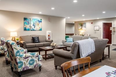 Comfortable lounge area in a senior living facility