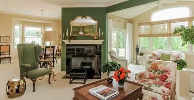Bright and inviting common area with floral decor
