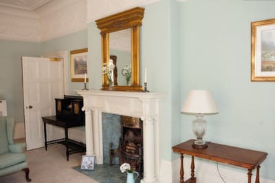 A beautifully decorated common area with a fireplace