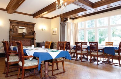 Dining area set with wooden furniture and blue table settings