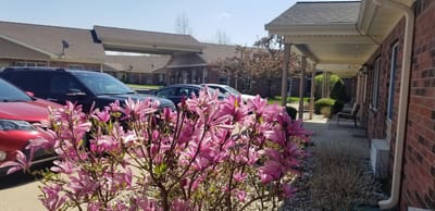 Pink flowers in front of a nursing home facility