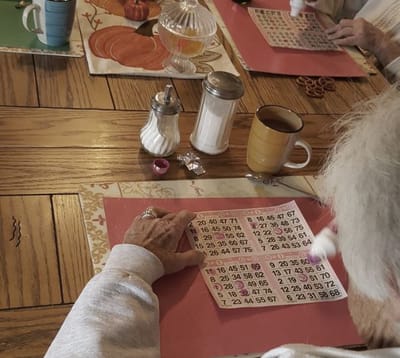 Residents playing bingo at a communal table