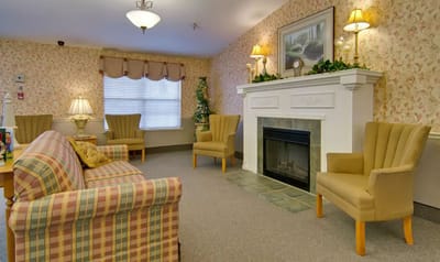 Cozy common area with comfortable seating and fireplace