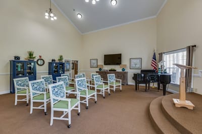 Interior view of a gathering area with seating