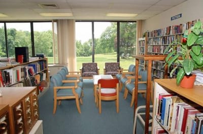 Interior view of a cozy library with bookshelves and seating