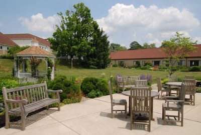 Outdoor seating area with gazebo in a garden