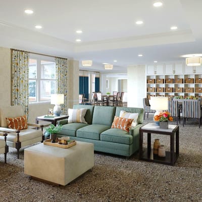 Bright and inviting common area with seating and decor
