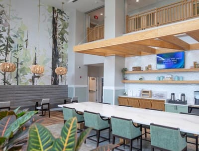 Bright common area with modern decor and seating