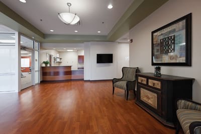 Bright interior lobby with seating area