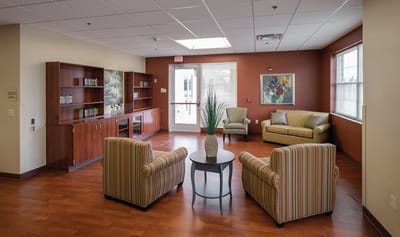 Interior view of a common area with seating