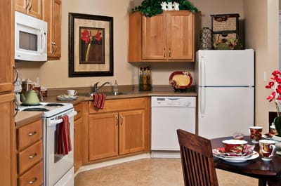 Well-furnished kitchen area with dining table.