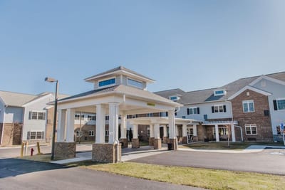 Exterior view of a senior living facility entrance