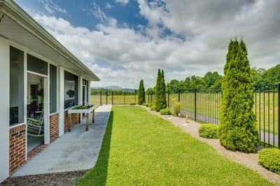 Outdoor space with grass and fencing, surrounded by trees