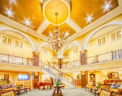 Interior view of a bright senior living lobby