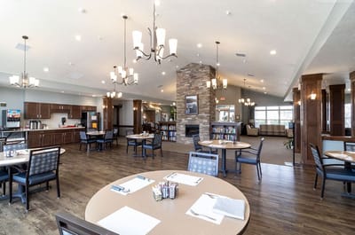 Bright dining room with tables and seating