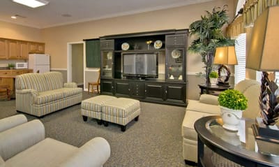Bright common area with seating and decor