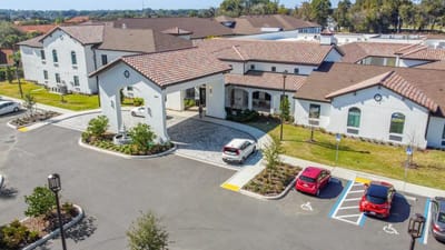 Aerial view of the facility's entrance and parking area