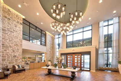 Lobby of a senior living facility with elegant decor