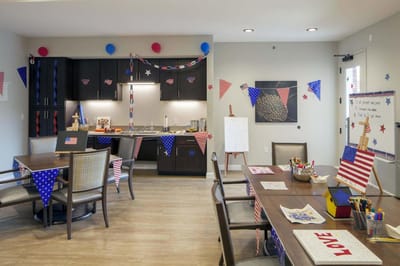 Decorated activity room with festive decorations