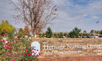Signage and landscaping at Heritage Nursing Center entrance