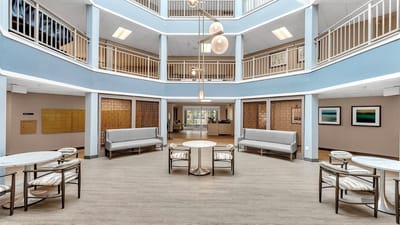 Bright and welcoming common area with seating