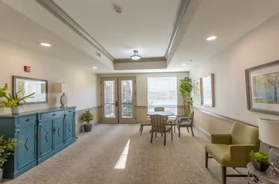 Comfortable lounge area in a senior living facility