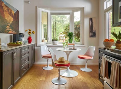 Bright kitchen area with modern design and seating