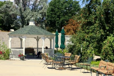 Outdoor seating area with gazebo and greenery