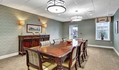 Interior view of a dining area with a large table