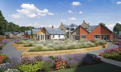 Beautiful landscaped exterior of a senior living facility