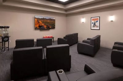 A cozy common area with seating and entertainment options