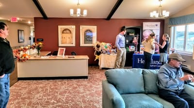 Residents and staff interacting in a common area