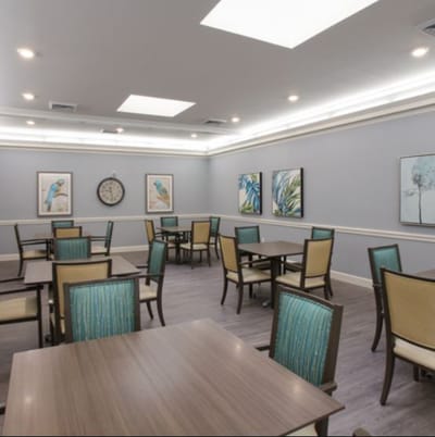 Bright dining area with modern furniture