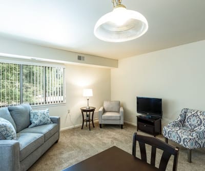 Cozy interior of a resident room with furniture