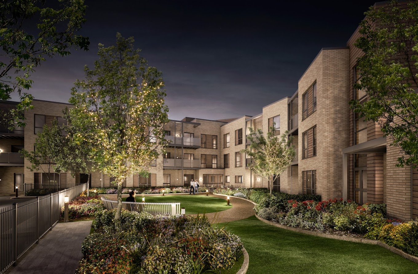 Beautiful landscaped courtyard of a retirement facility