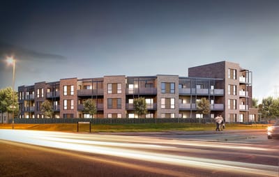 Modern retirement apartments exterior with residents