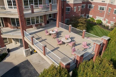 Outdoor patio with seating and tables