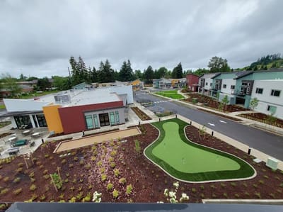 Aerial view of the landscaped outdoor space at the facility