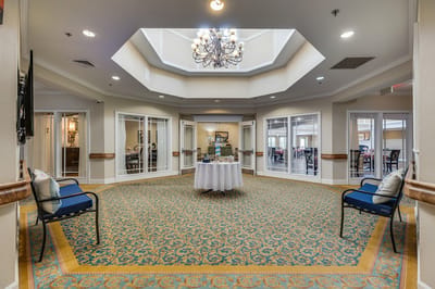 Interior view of a common area with seating and decor