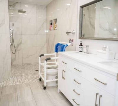 Modern bathroom with grab bars and shower