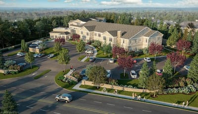 Aerial view of Monarch Coopers Corner with outdoor spaces and vehicles