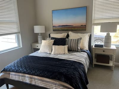 Cozy bedroom setup with decorative pillows and artwork