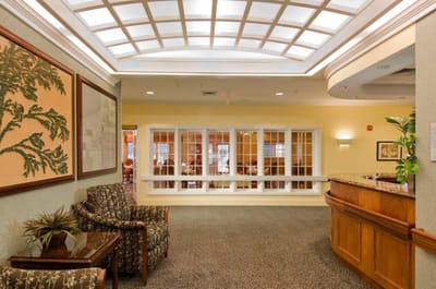 Bright interior of the facility's lobby with seating
