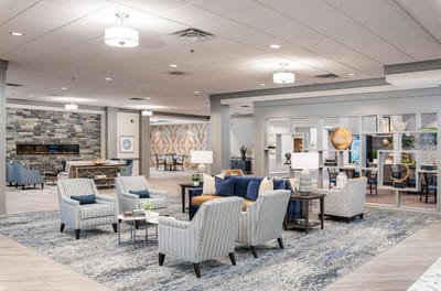 Bright common area with seating and decor