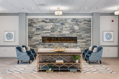Interior seating area with modern decor and fireplace