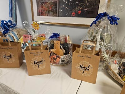 Decorative gift baskets on a table