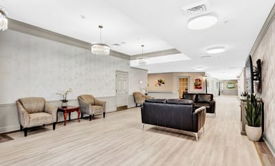 Common area in a well-lit assisted living facility