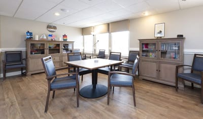 Common area with seating and bookcases