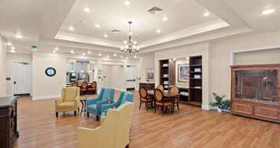 Bright common area with seating and decor