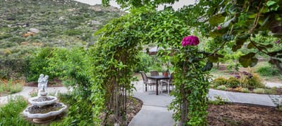 A serene outdoor garden area with seating